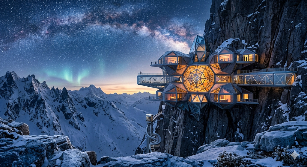 Futuristic Mountain Citadel Digital Art | Sci-Fi Snowy Peak & Aurora Wallpaper (Digital Download)