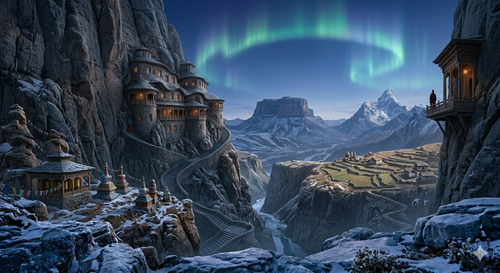 Mystic Himalayan Monastery Art | Fantasy Mountain Valley & Northern Lights Wallpaper (Digital Download)